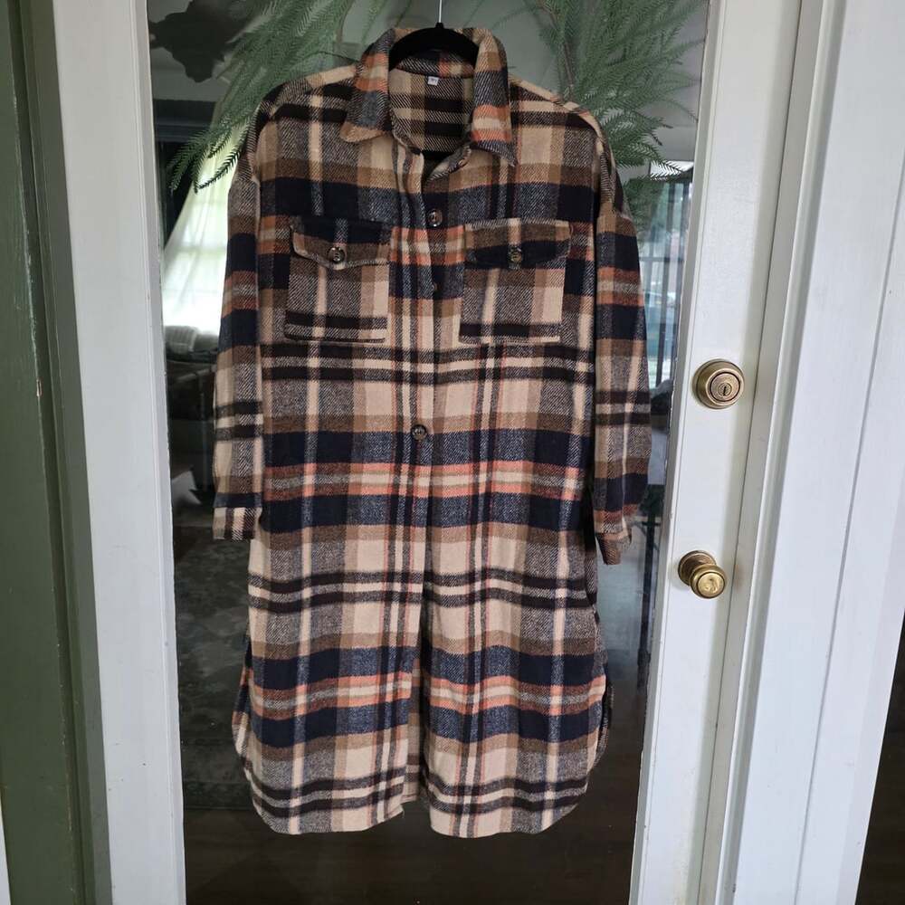 Unbranded Long Plaid Shacket Size S Brown Black Cream
